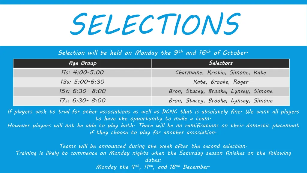 selections selection will be held on monday