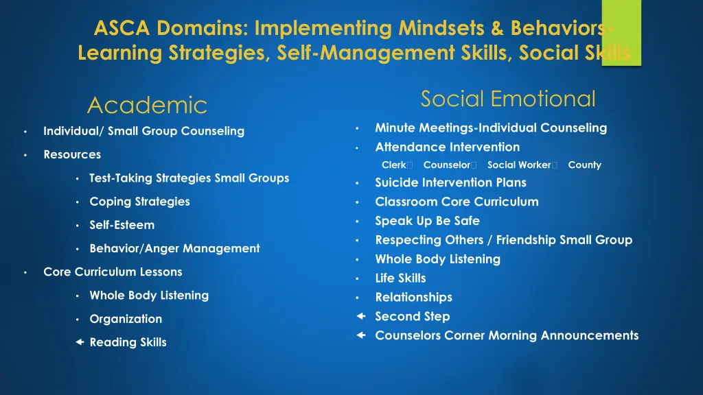 asca domains implementing mindsets behaviors