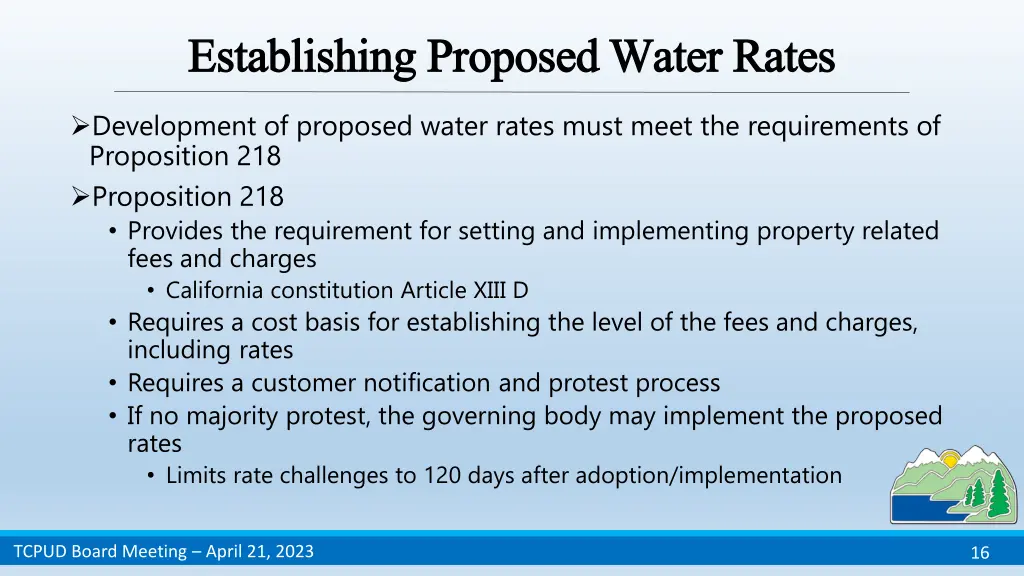 establishing proposed water rates establishing