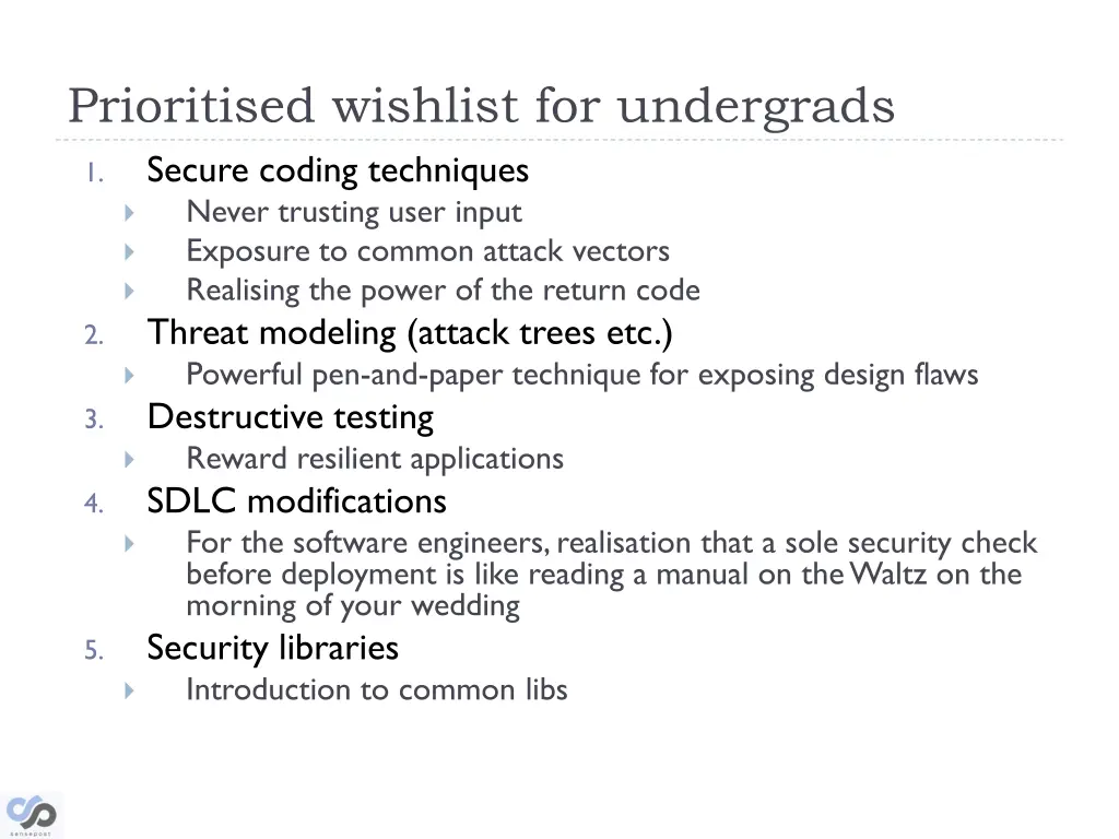 prioritised wishlist for undergrads secure coding