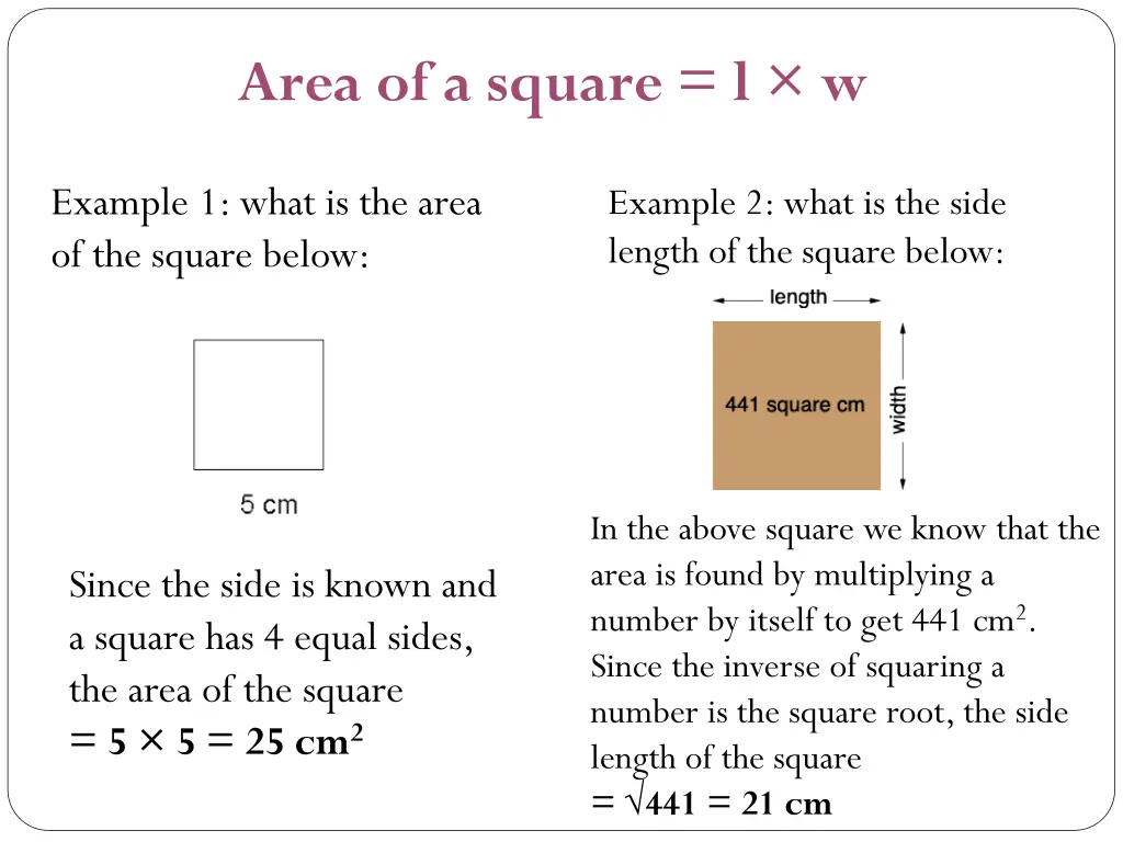 area of a square l w