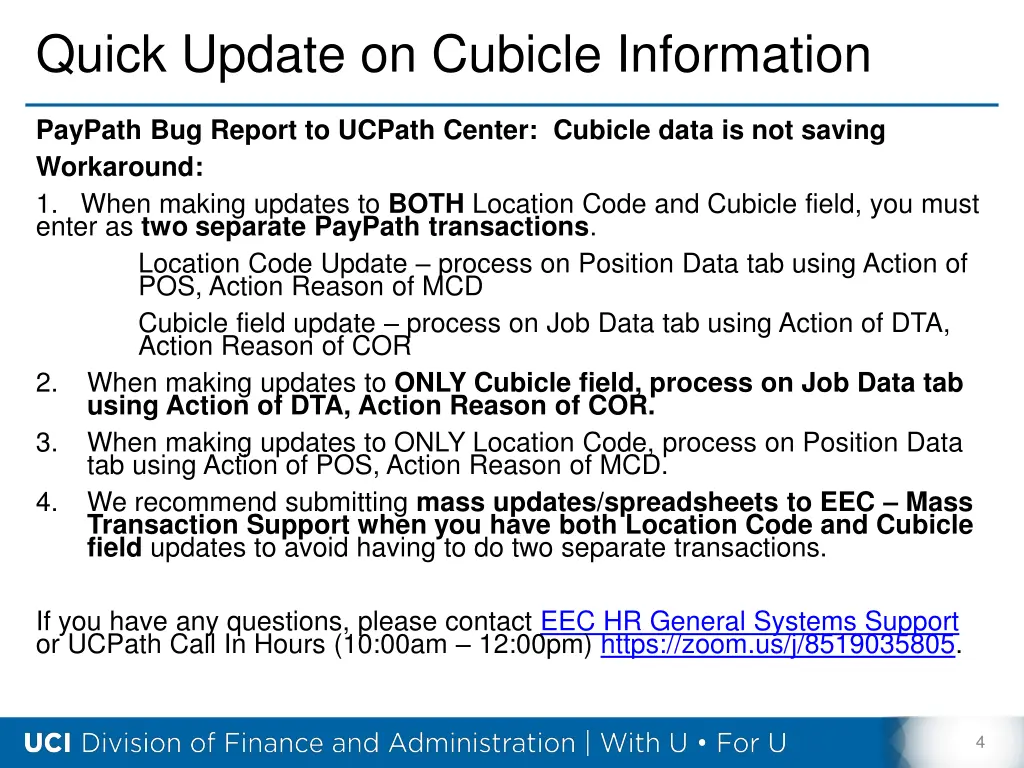 quick update on cubicle information