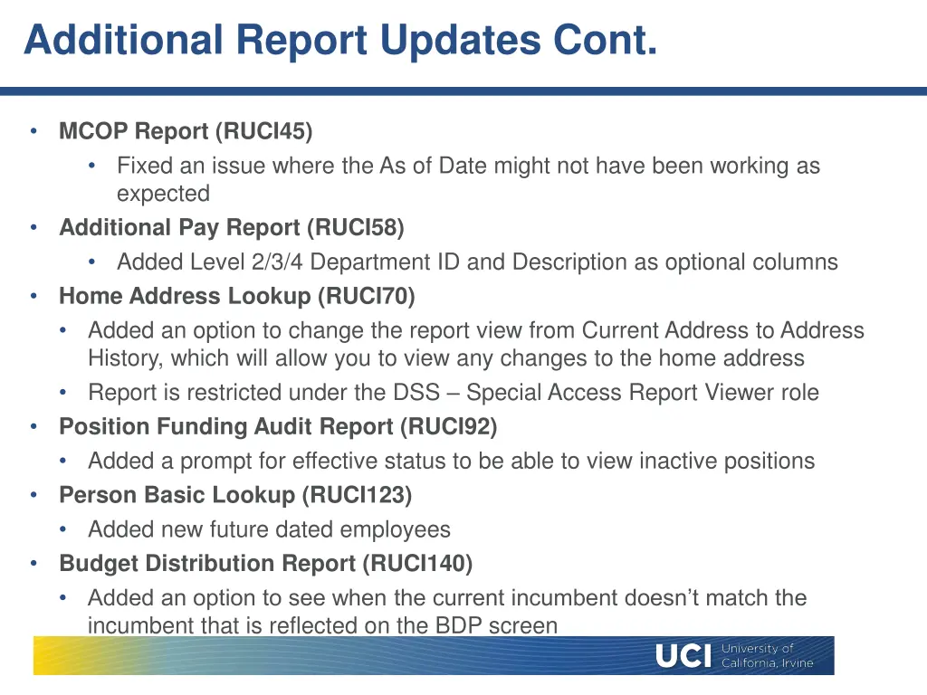 additional report updates cont