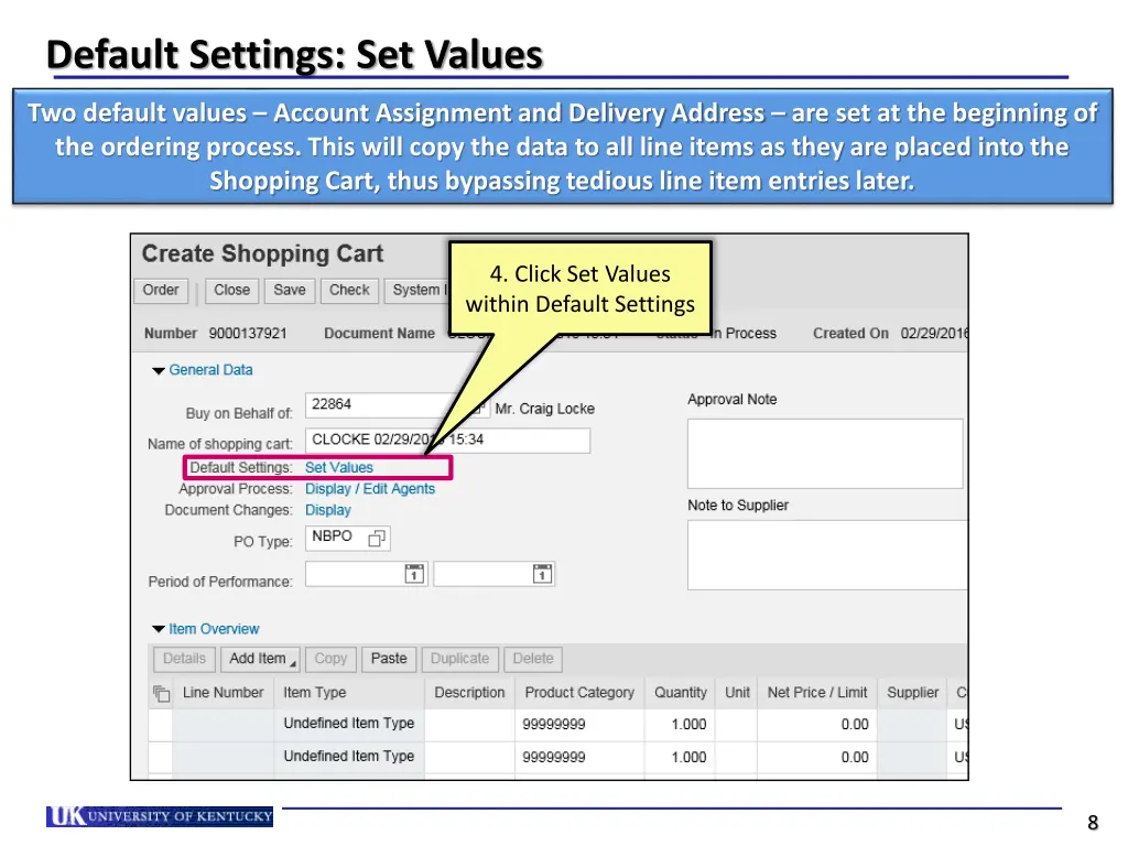 default settings set values