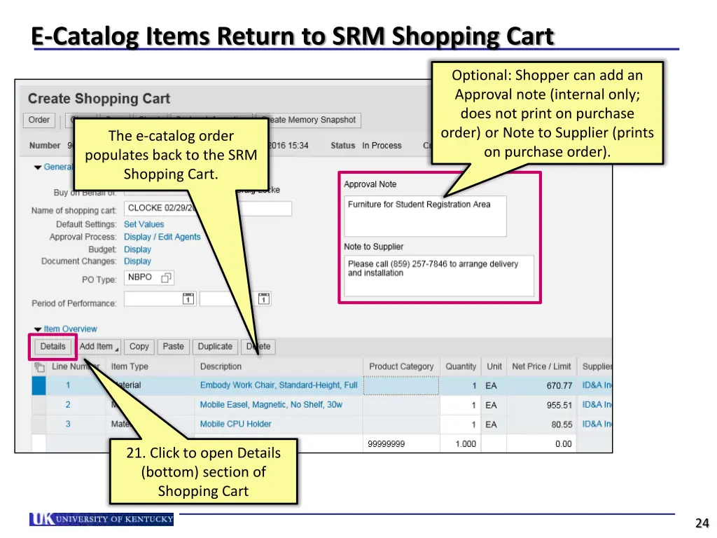 e catalog items return to srm shopping cart