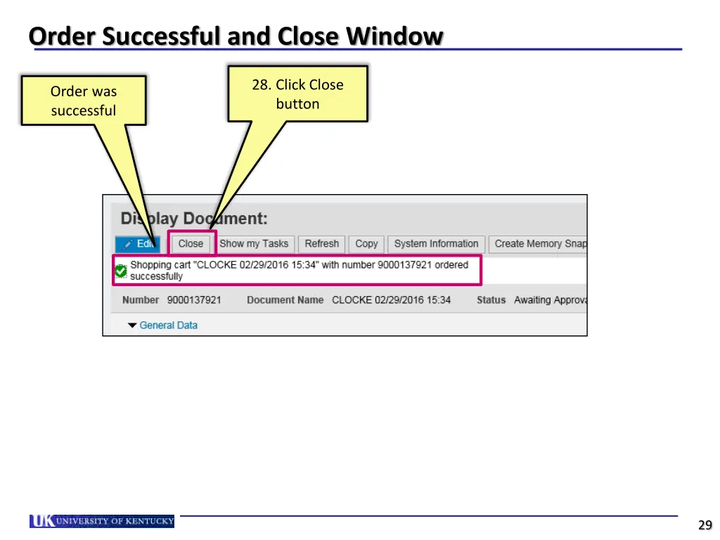 order successful and close window