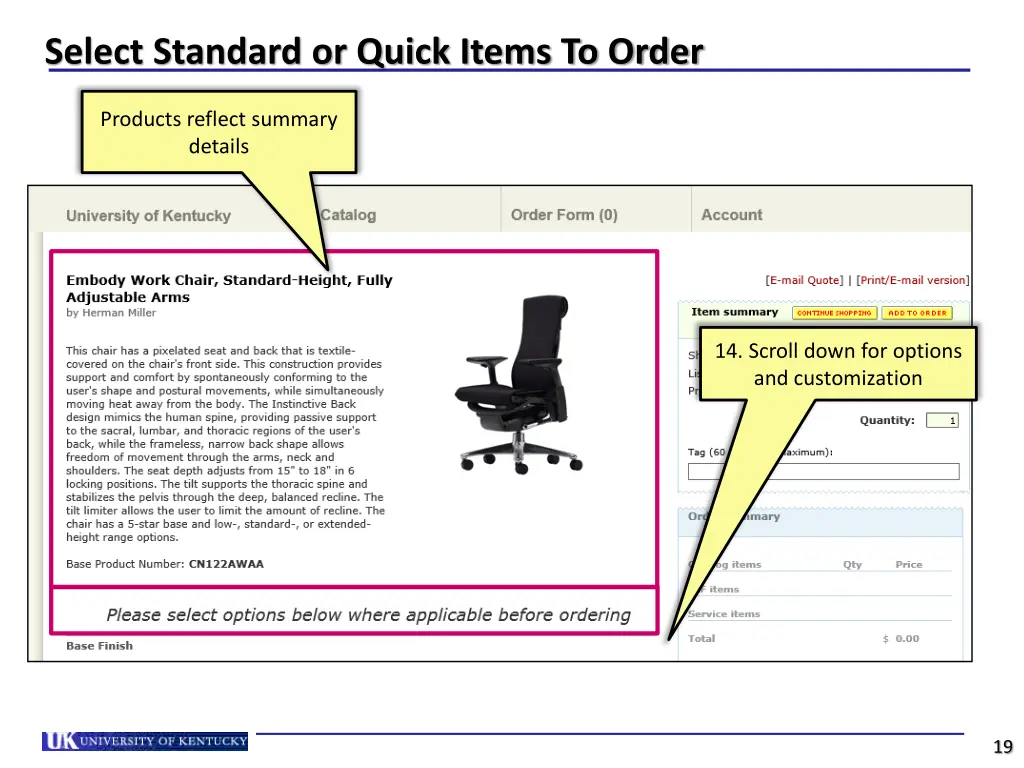 select standard or quick items to order 1