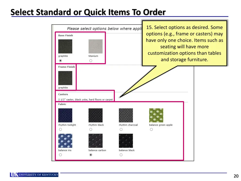 select standard or quick items to order 2