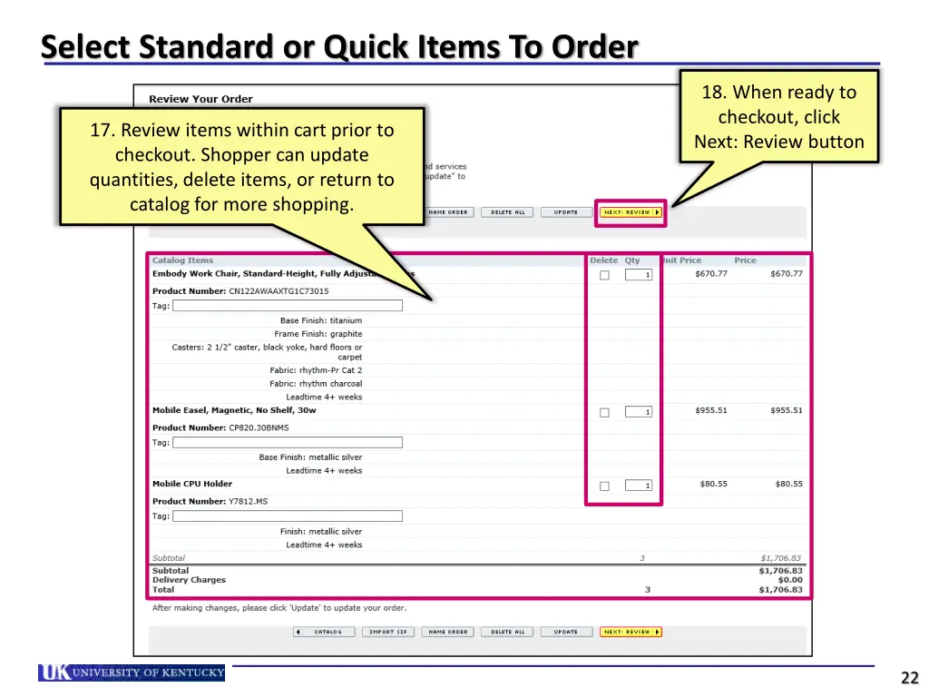 select standard or quick items to order 4