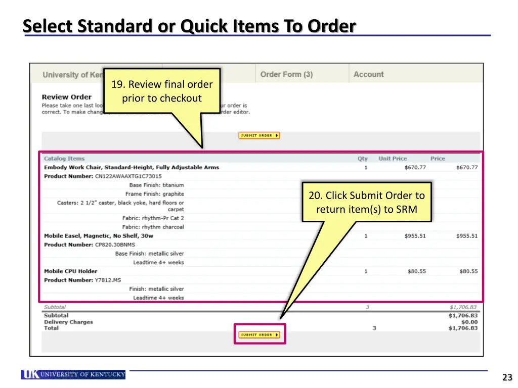 select standard or quick items to order 5