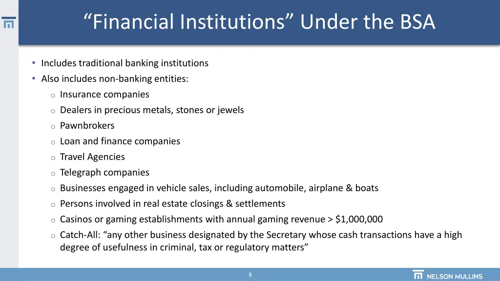 financial institutions under the bsa