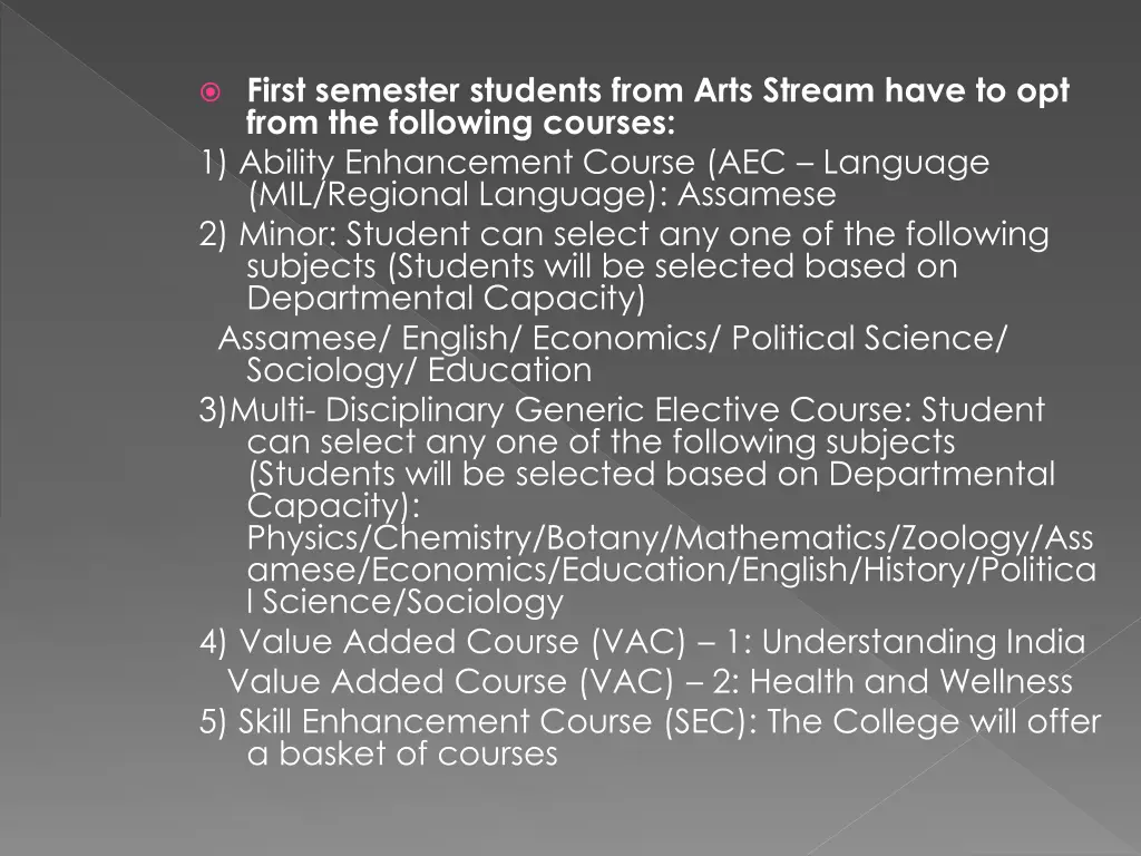 first semester students from arts stream have 1