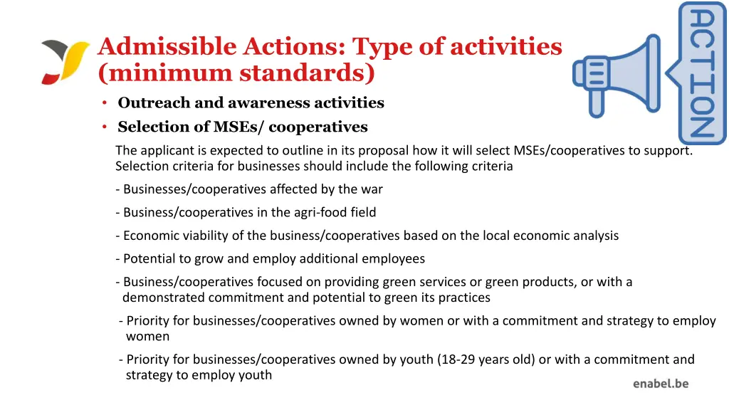 admissible actions type of activities minimum