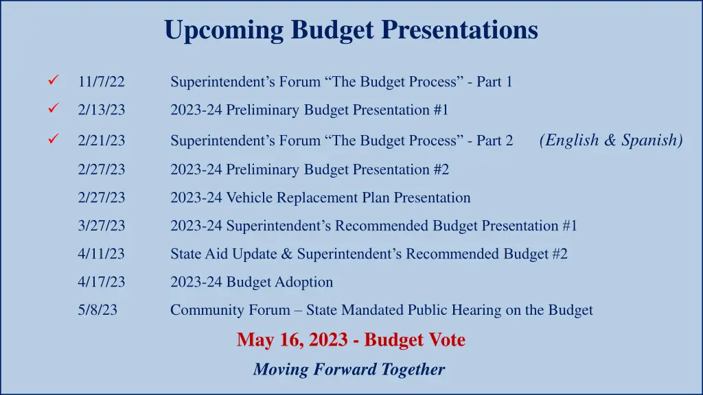 upcoming budget presentations