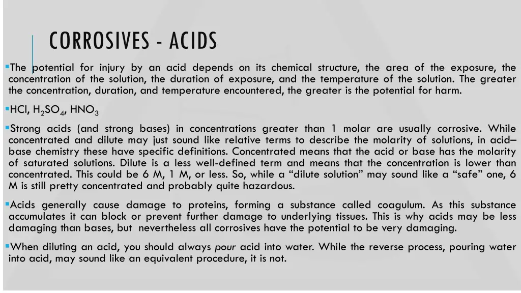 corrosives acids the potential for injury