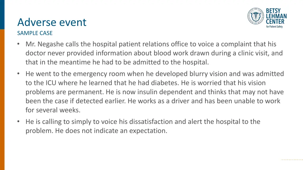 adverse event sample case mr negashe calls