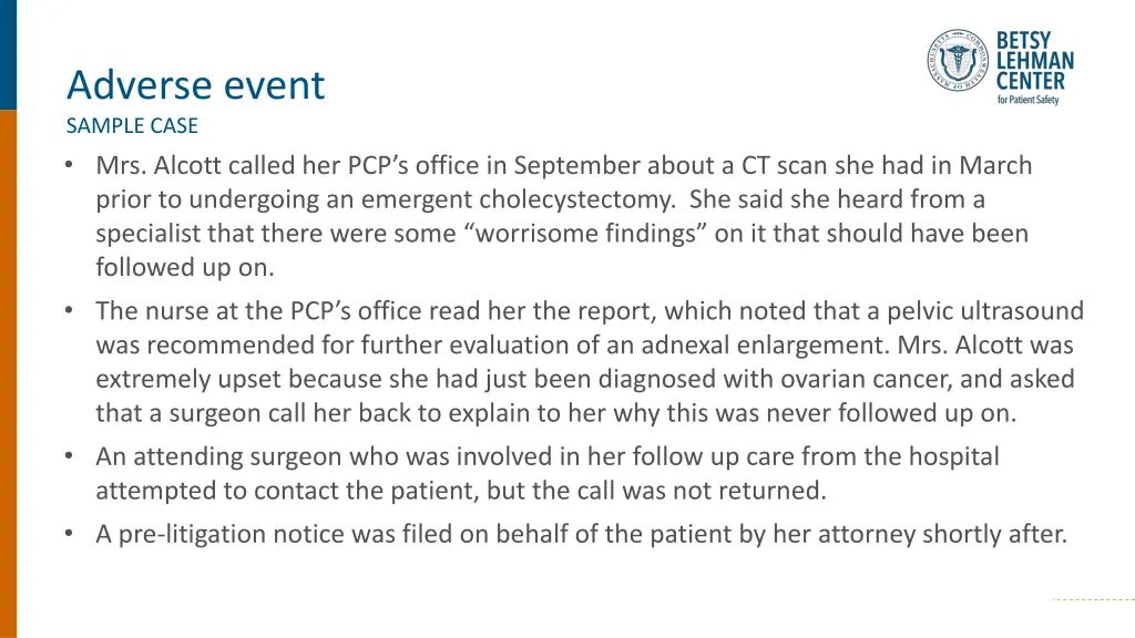 adverse event sample case mrs alcott called