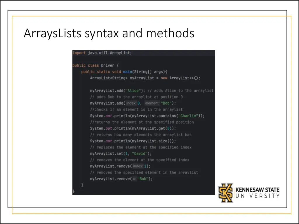 arrayslists syntax and methods