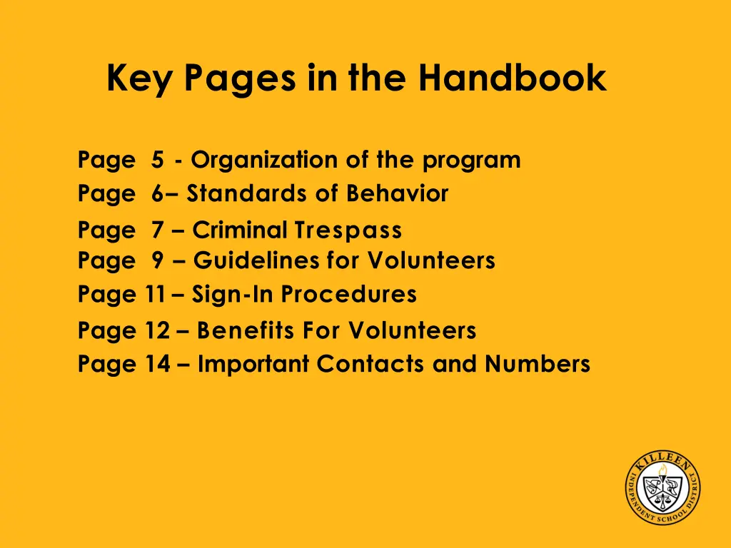 key pages in the handbook