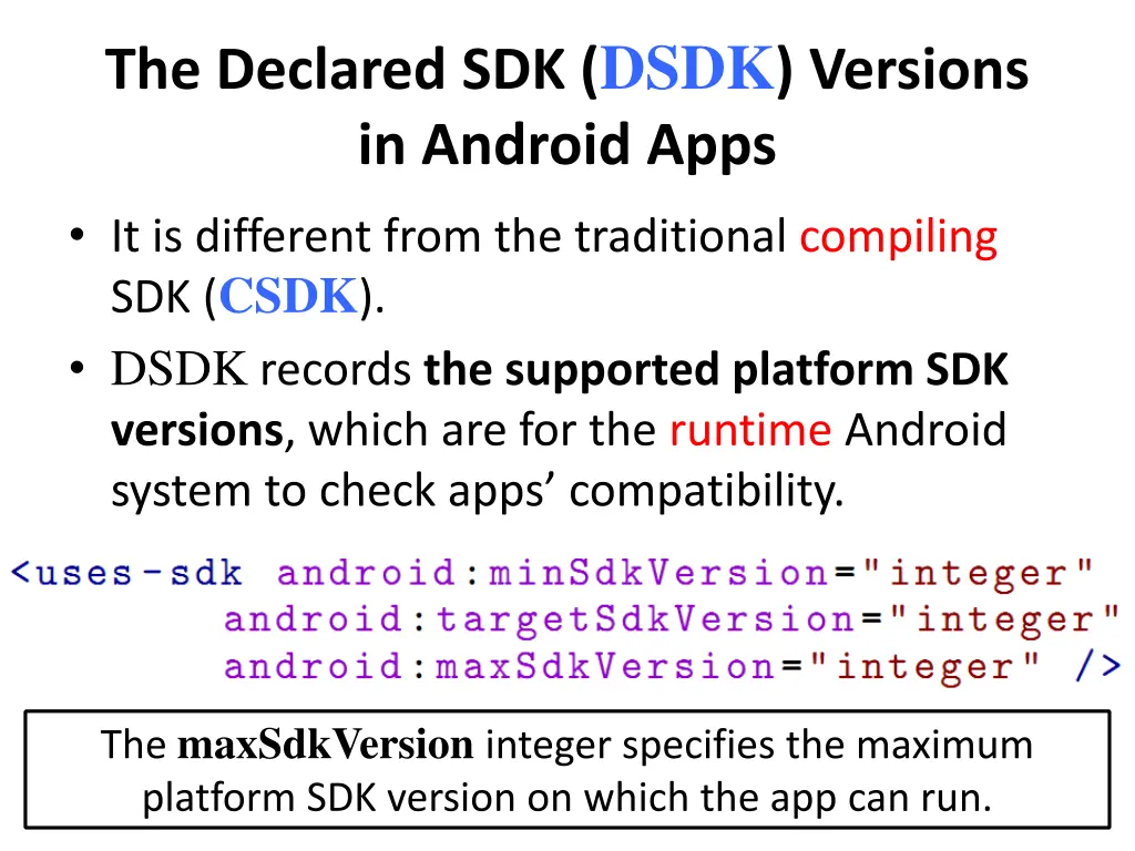 the declared sdk dsdk versions in android apps