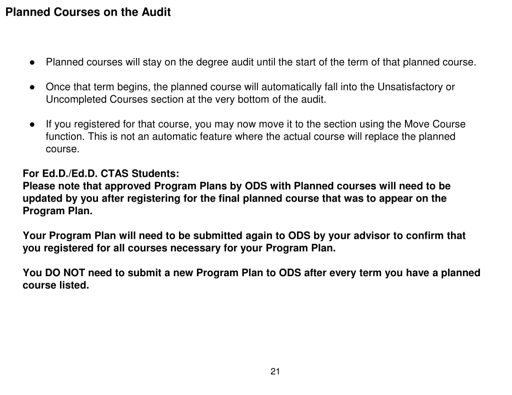 planned courses on the audit