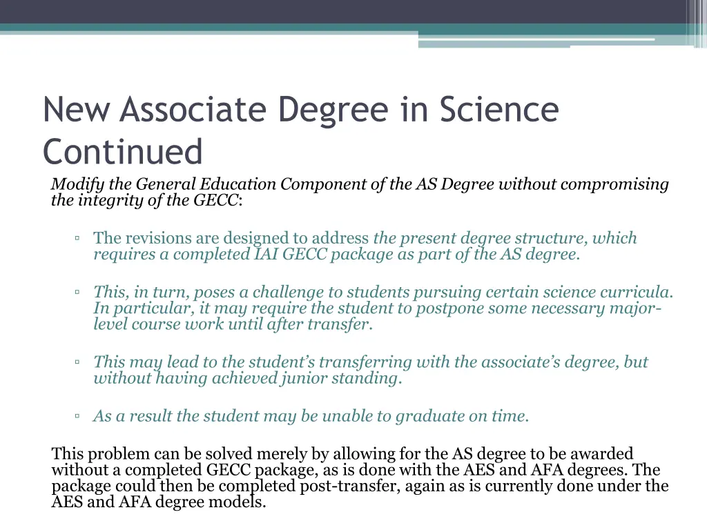 new associate degree in science continued modify