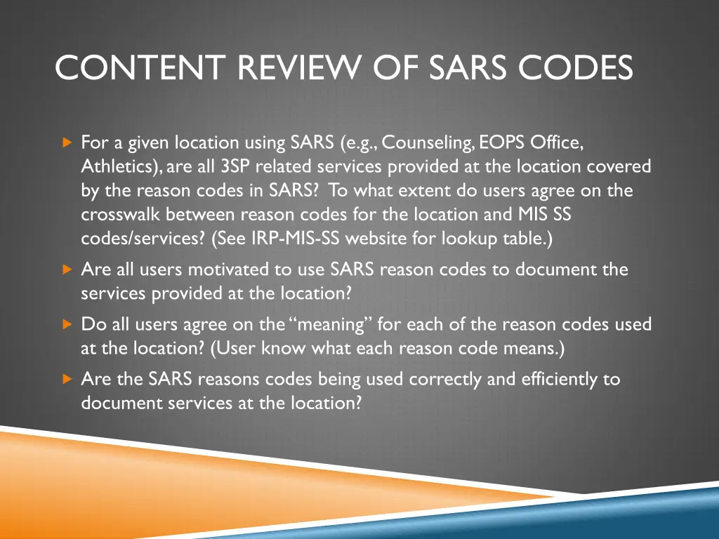 content review of sars codes