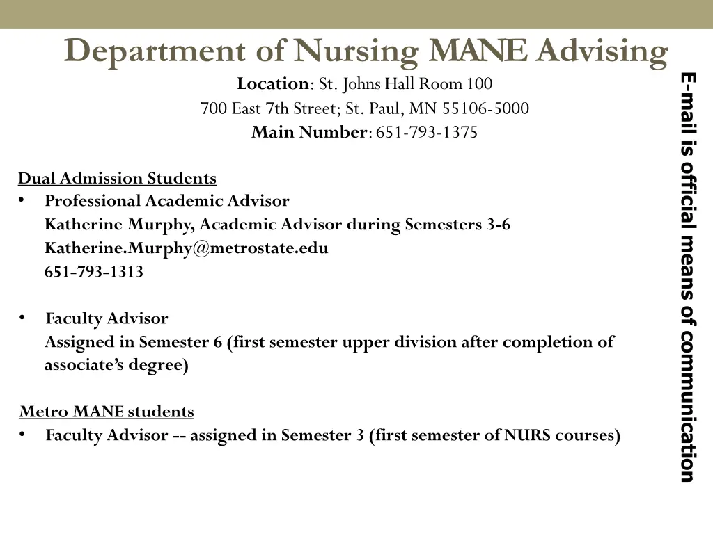 department of nursing mane advising location