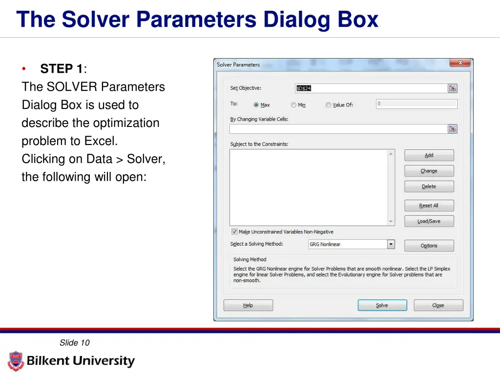 the solver parameters dialog box