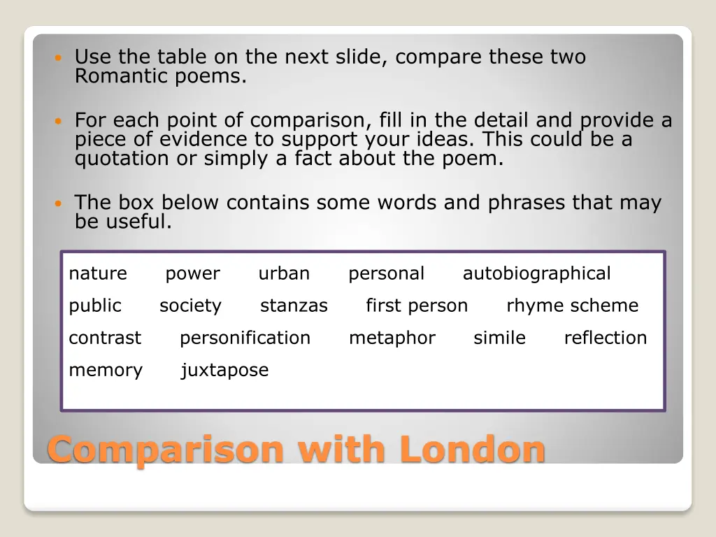 use the table on the next slide compare these