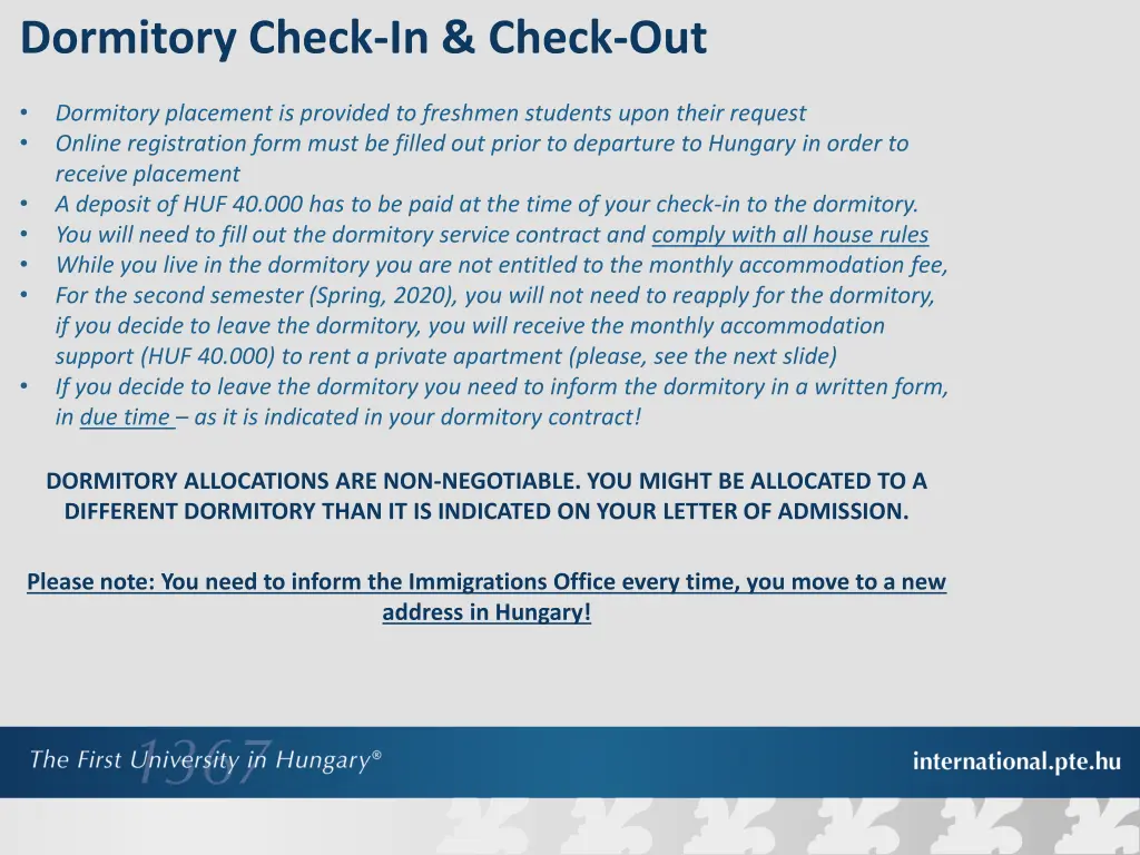 dormitory check in check out