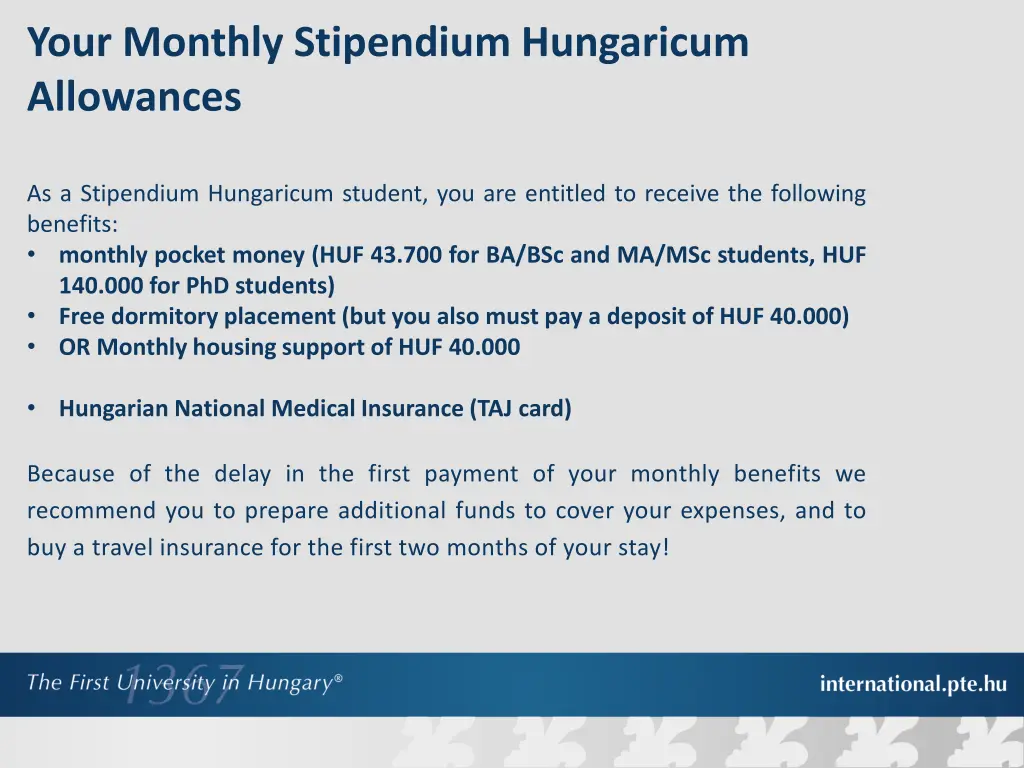 your monthly stipendium hungaricum allowances