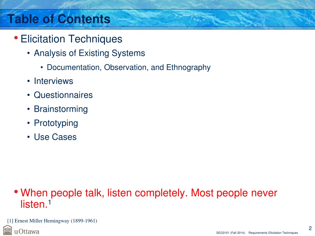 table of contents elicitation techniques analysis