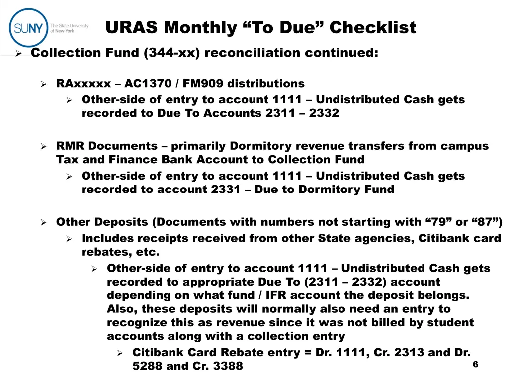 uras monthly to due checklist collection fund