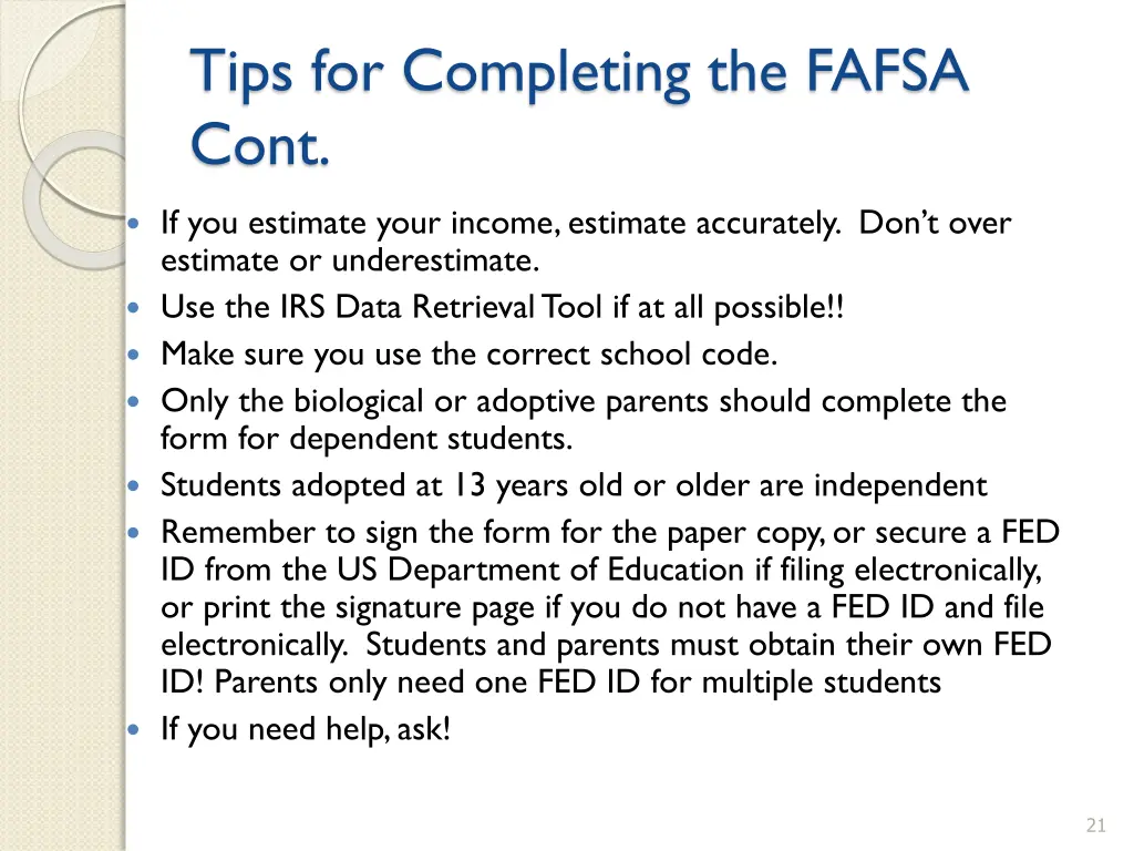 tips for completing the fafsa cont 1