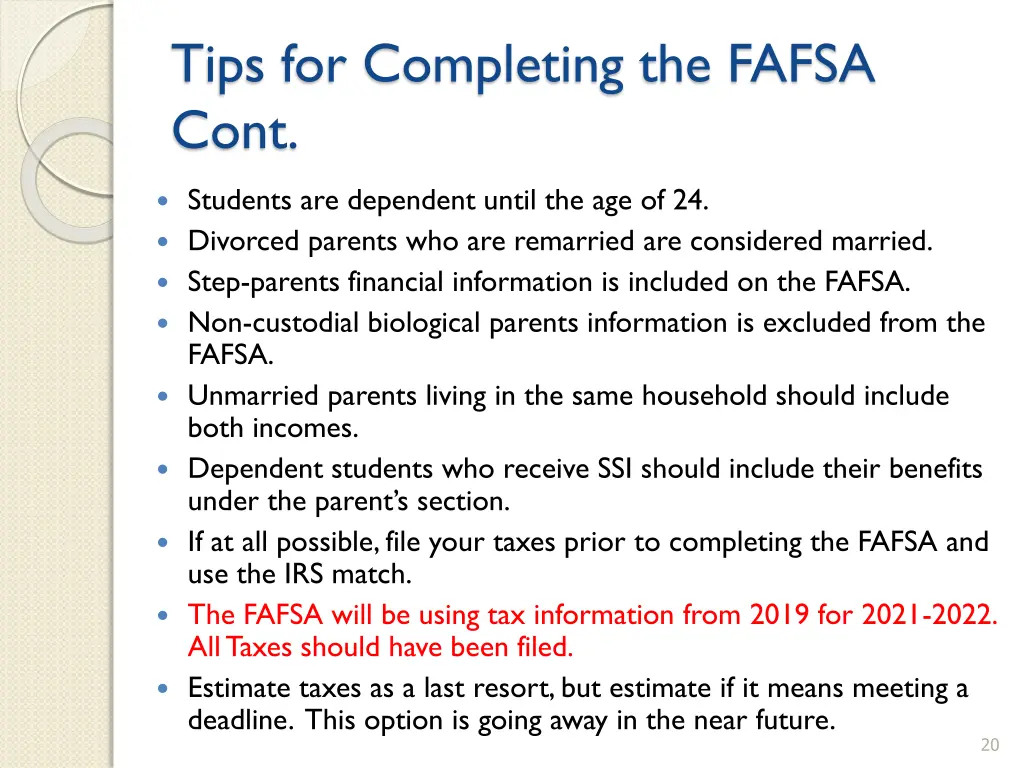 tips for completing the fafsa cont