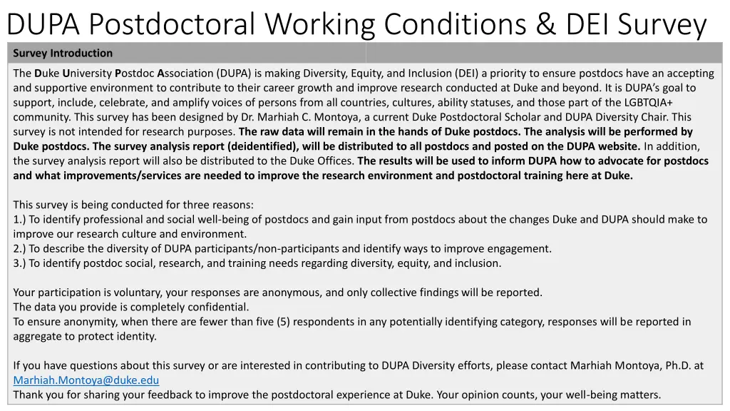 dupa postdoctoral working conditions dei survey