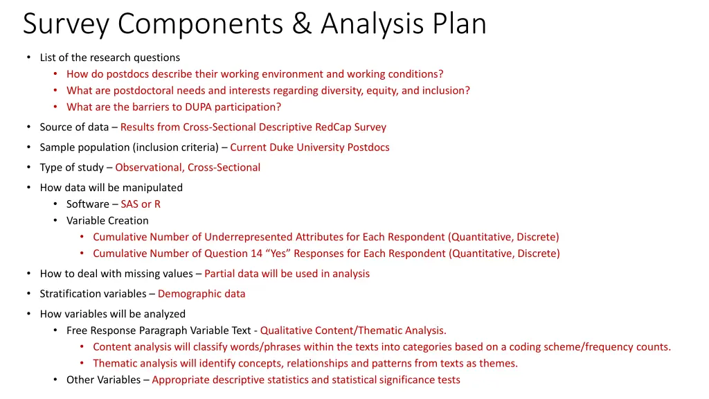 survey components analysis plan