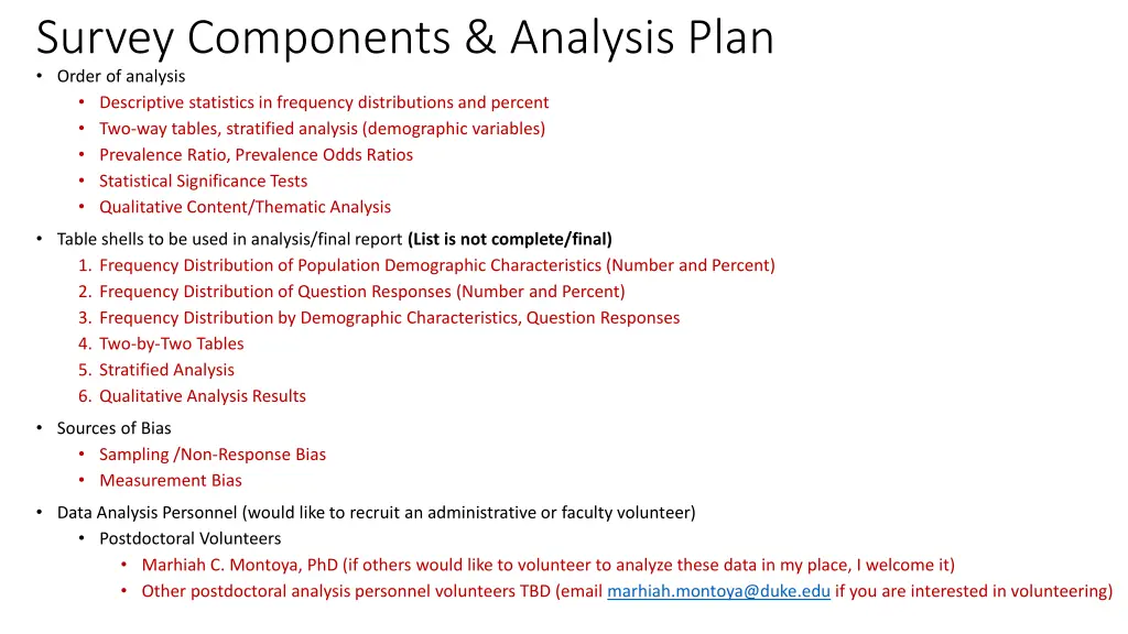 survey components analysis plan order of analysis