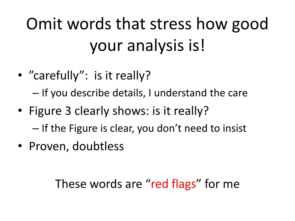 omit words that stress how good your analysis is