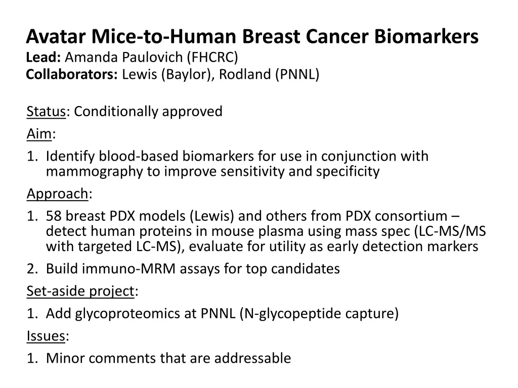 avatar mice to human breast cancer biomarkers