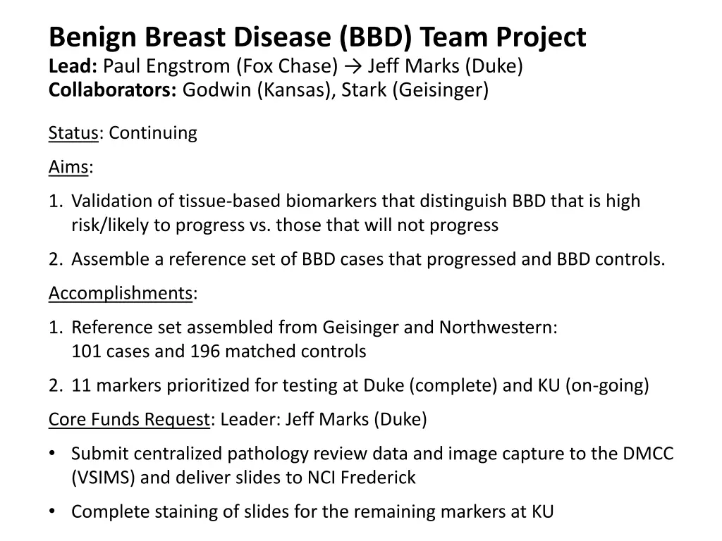 benign breast disease bbd team project lead paul