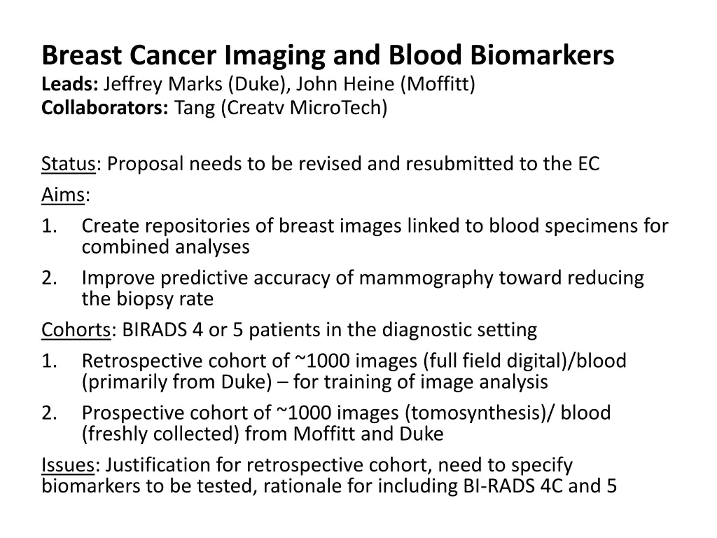 breast cancer imaging and blood biomarkers leads