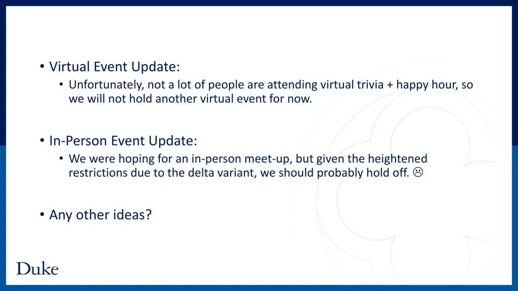 virtual event update unfortunately