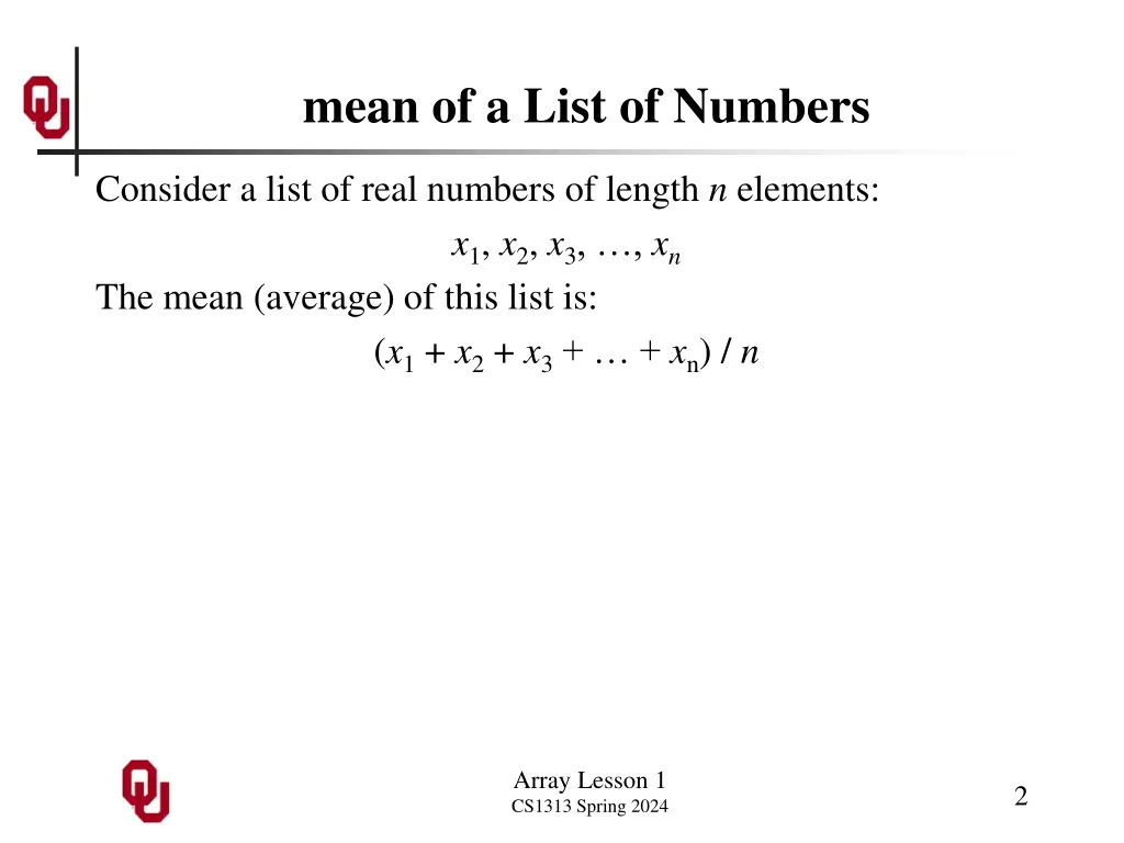 mean of a list of numbers