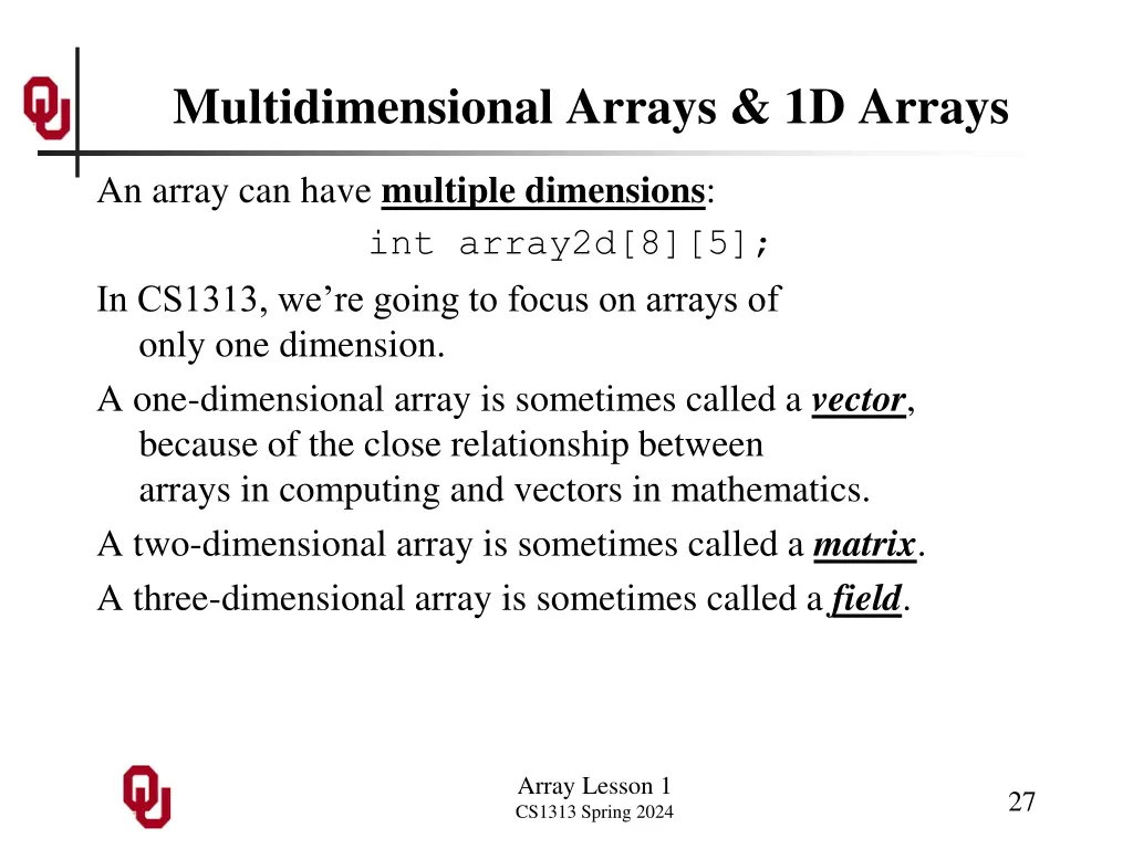 multidimensional arrays 1d arrays