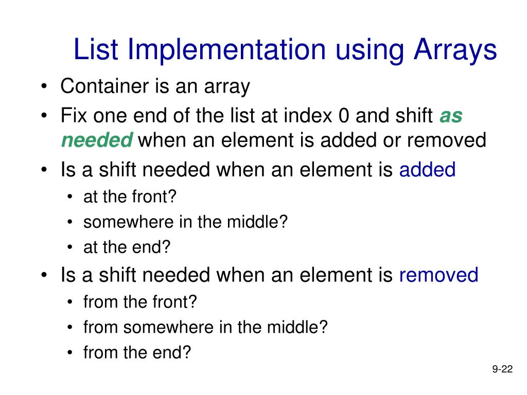 list implementation using arrays container