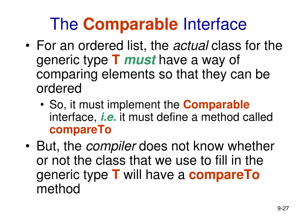 the comparable interface for an ordered list