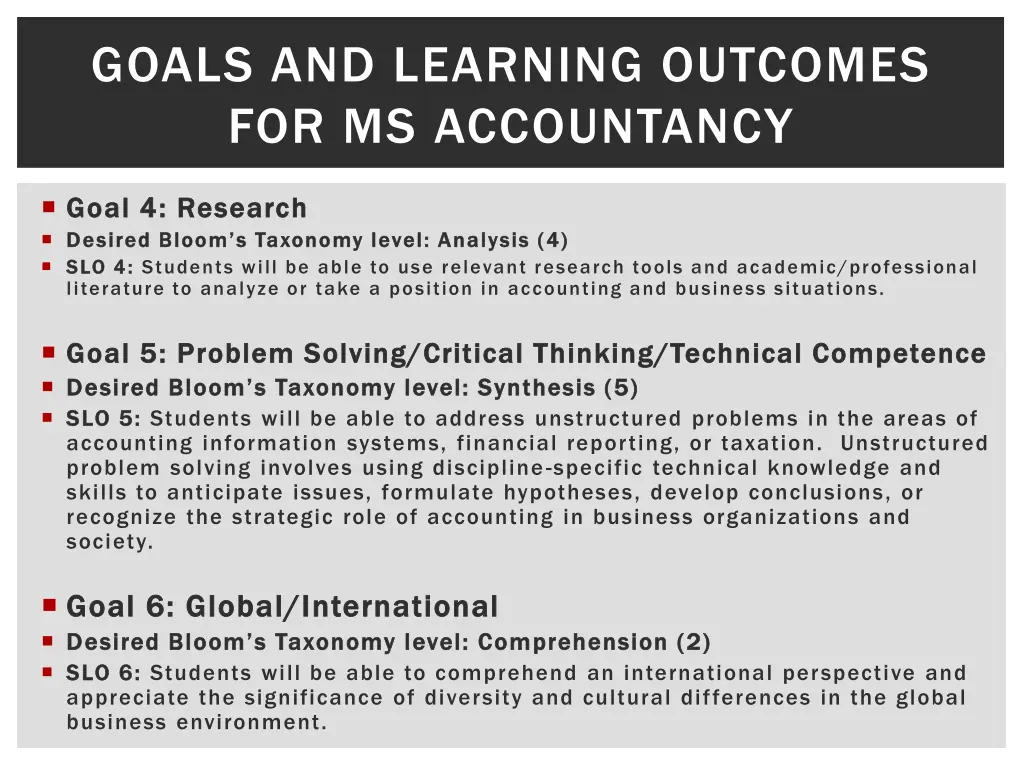 goals and learning outcomes for ms accountancy 1