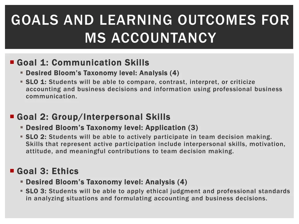 goals and learning outcomes for ms accountancy